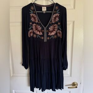 Target Long Sleeve Tiered Floral Embroidered Navy Mini Dress, X-Small